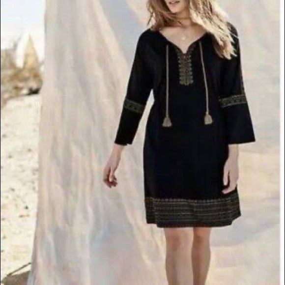 J. Jill Boho Black & Gold Embroidered Dress with Tassels 3/4 Sleeve Size XS - Picture 5 of 5